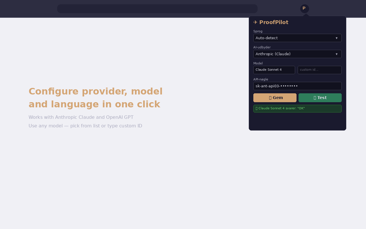 ProofPilot settings popup